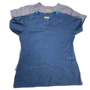 Lot of 2 Wonderwink Womens XS WonderFLEX Verity V Neck Navy & Grey Scrub Tops
